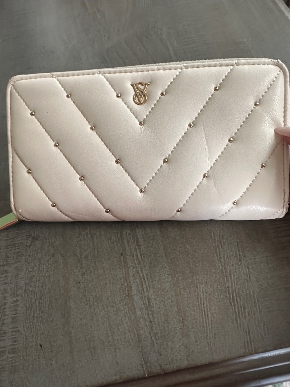 Victoria's Secret Cream Quilted Studded Zip Wallet